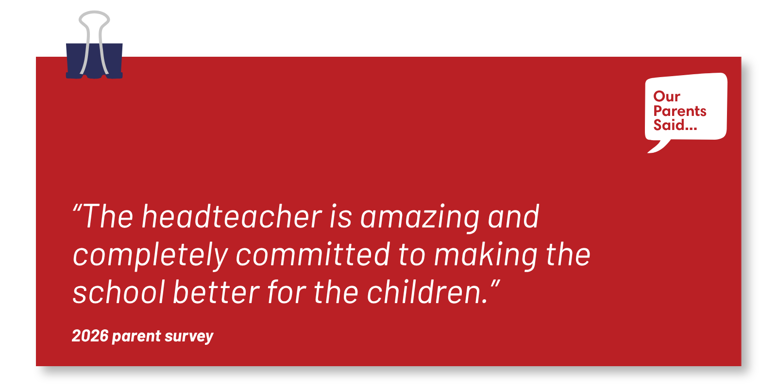 “The headteacher is amazing and completely committed to making the school better for the children.” 2026 Parent Quote Survey