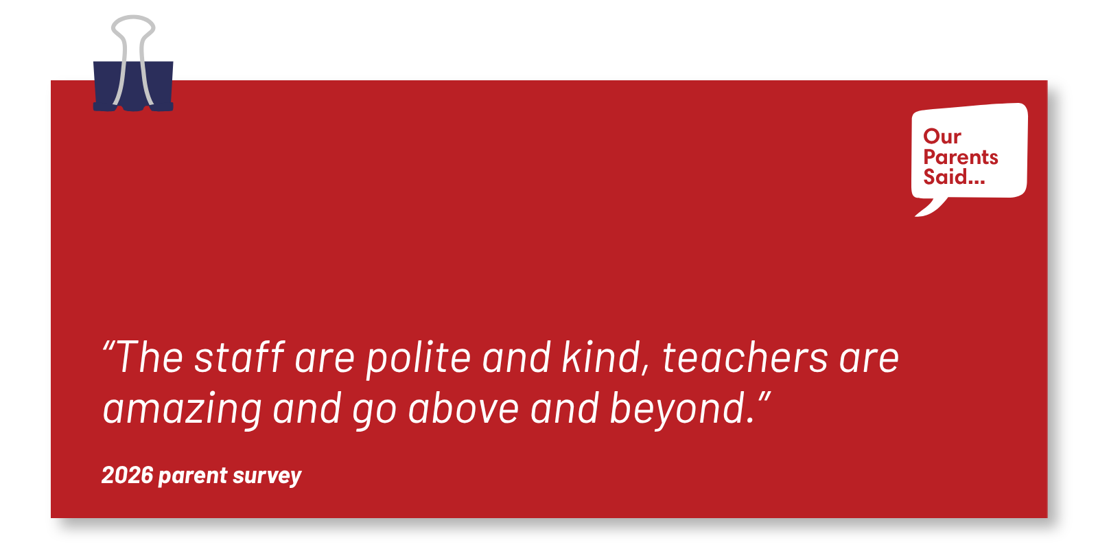 “The staff are polite and kind, teachers are amazing and go above and beyond.” 2026 Parent Survey Quote