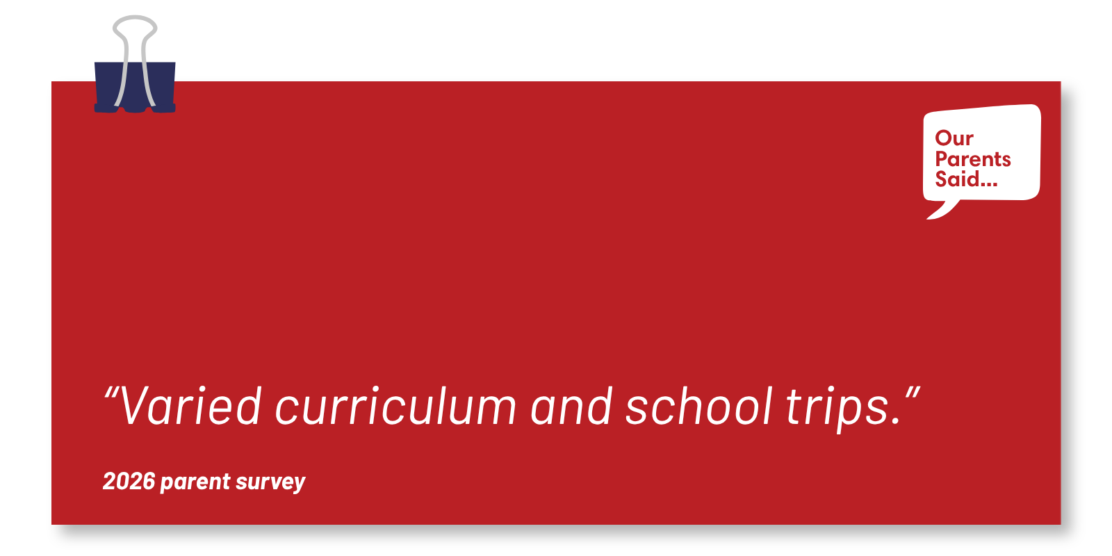 “Varied curriculum and school trips.” 2026 Parent Quote Survey