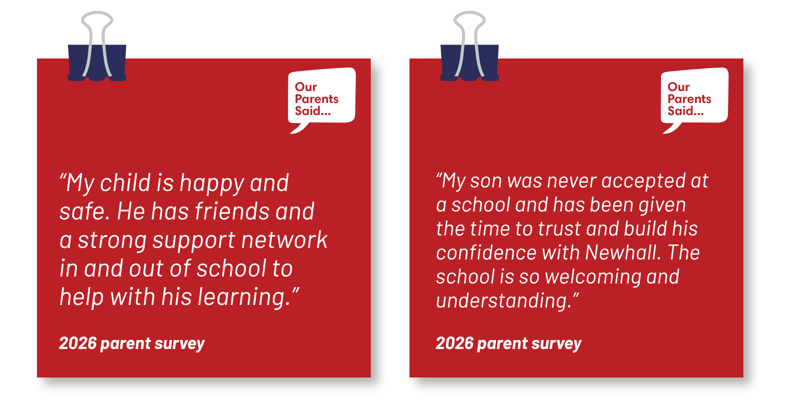 “My child is happy and safe. He has friends and a strong support network in and out of school to help with his learning.” / “My son was never accepted at a school and has been given the time to trust and build his confidence with Newhall. The school is so welcoming and understanding.” 2026 Parent Survey Quotes